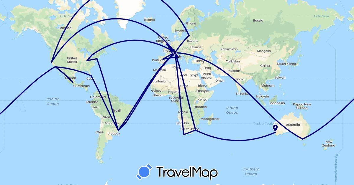 TravelMap itinerary: driving in Australia, Brazil, Canada, Switzerland, Spain, France, United Kingdom, Italy, Latvia, Monaco, Mexico, United States, South Africa (Africa, Europe, North America, Oceania, South America)