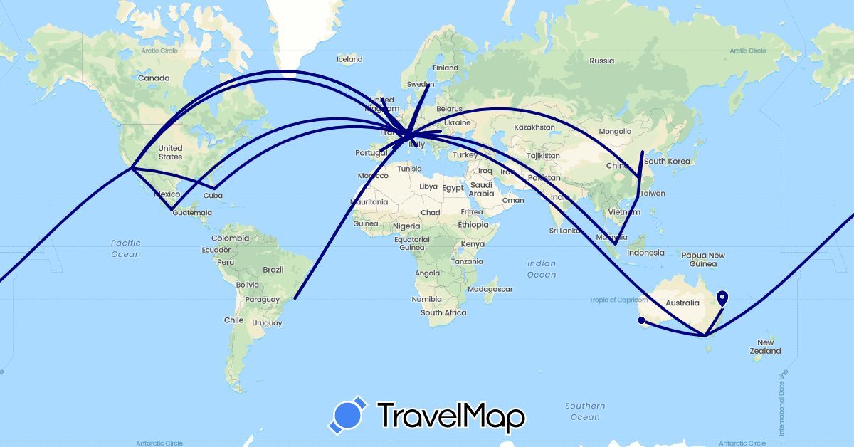 TravelMap itinerary: driving in Australia, Brazil, Switzerland, China, Spain, France, United Kingdom, Italy, Mexico, Romania, Sweden, Singapore, United States (Asia, Europe, North America, Oceania, South America)