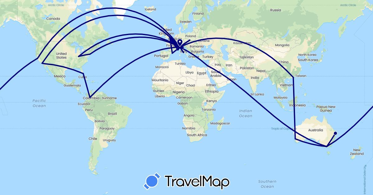 TravelMap itinerary: driving in Australia, Switzerland, China, Colombia, Czech Republic, Spain, France, United Kingdom, Israel, Italy, United States (Asia, Europe, North America, Oceania, South America)