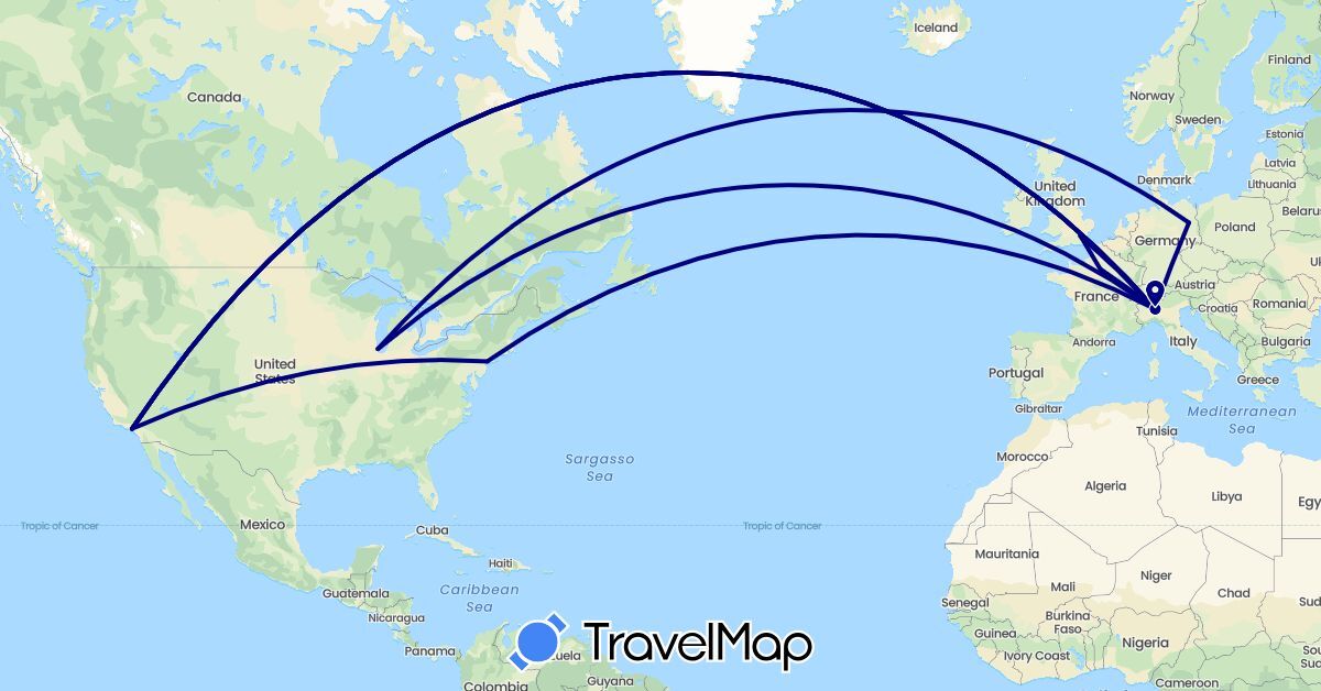 TravelMap itinerary: driving in Germany, France, United Kingdom, Italy, United States (Europe, North America)